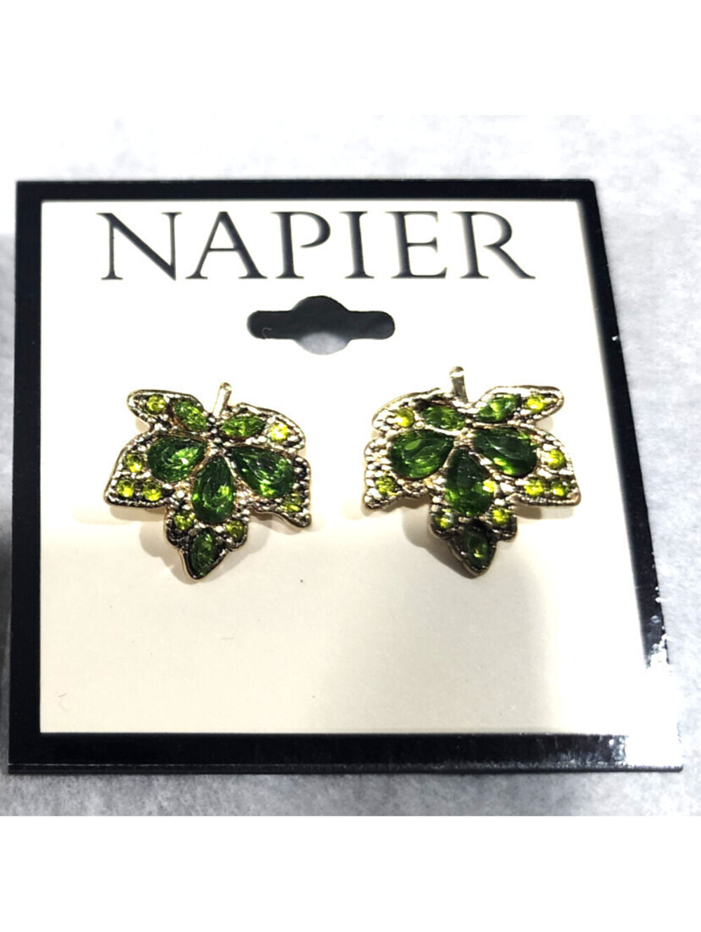 Napier Green Rhinestone Leaf Earrings NOS New On Card Gold Tone Pierced NWT